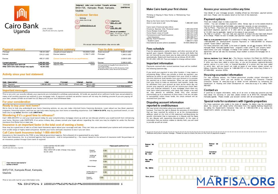 Downloadable Uganda Cairo bank mortgage statement in Word and PDF formats, 2 pages download for verification